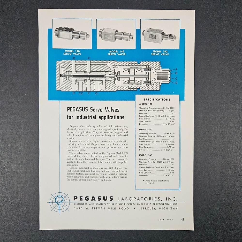 1956 Pegasus Laboratories Servo Valves Vintage Print‎ Ad Hydraulic Berkley MI